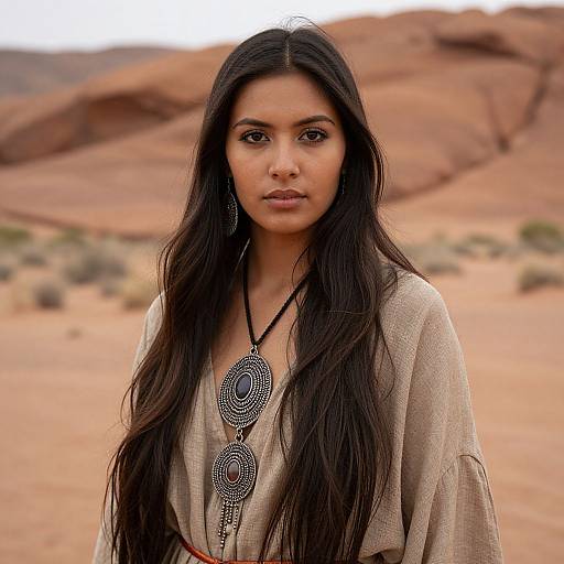 Photograph of a young South Asian woman with long black hair, wearing a beige blouse with intricate black circular necklace, standing in a red desert landscape with