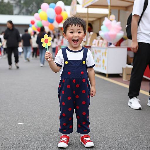 Photograph of a happy Asian toddler with short black hair, wearing navy polka dot overalls, white shirt, and red shoes, holding a flower