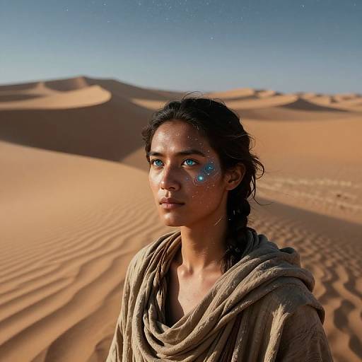 CGI image of a young woman with dark, wavy hair, blue glowing face markings, and a beige draped cloak, standing in a sunlit