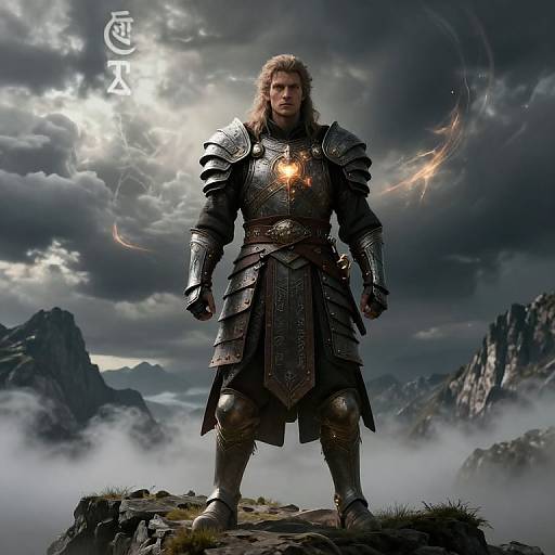 Digital art of a muscular, long-haired warrior in silver armor with glowing emblem, standing on rocky terrain under stormy sky.