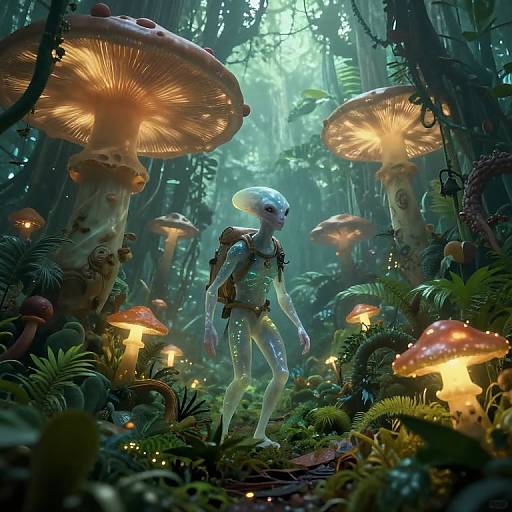 Alien Explorer in Bioluminescent Jungle