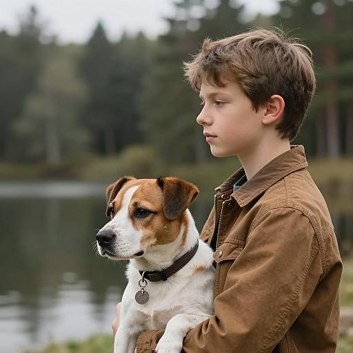 Boy Holding Dog by Lake
