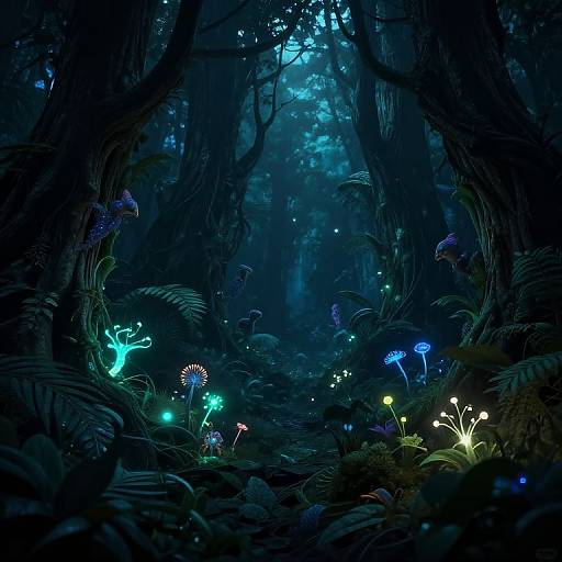 Digital artwork of a mystical, dark blue forest illuminated by glowing mushrooms and bioluminescent plants, with tall, twisted trees and dense foliage.