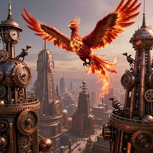 Steampunk cityscape with a fiery, winged phoenix soaring between towering clock towers at sunset. Detailed gears and statues adorn the structures. Digital art