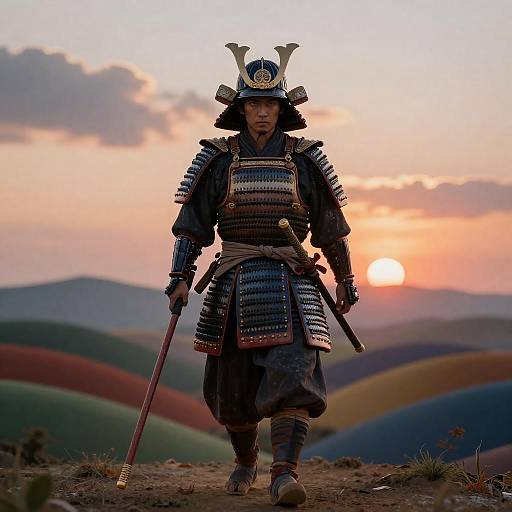 Samurai Warrior in Vibrant Sunset Landscape
