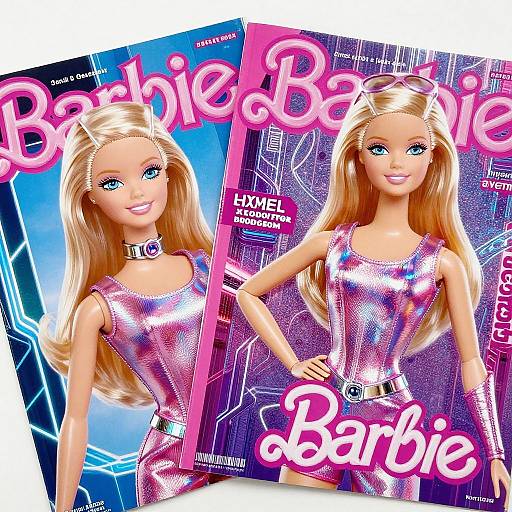 Photograph of two Barbie doll packaging covers with blonde Barbie in a sparkly pink and purple dress, blue eyes, smiling, and 
