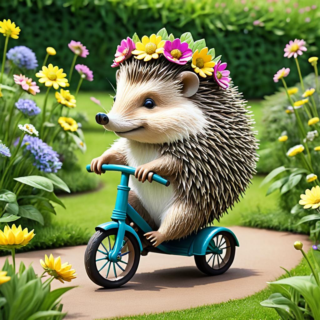 Hedgehog on Tricycle in a Garden