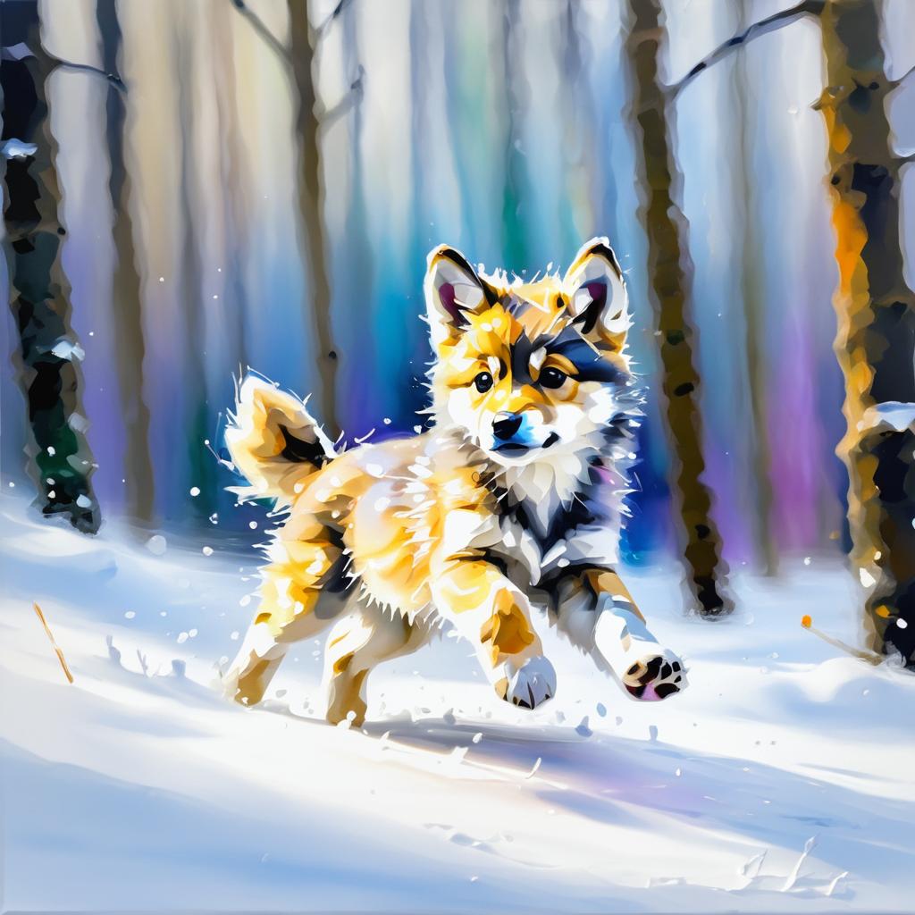 Whimsical Wolf Pup in Snowy Woodland