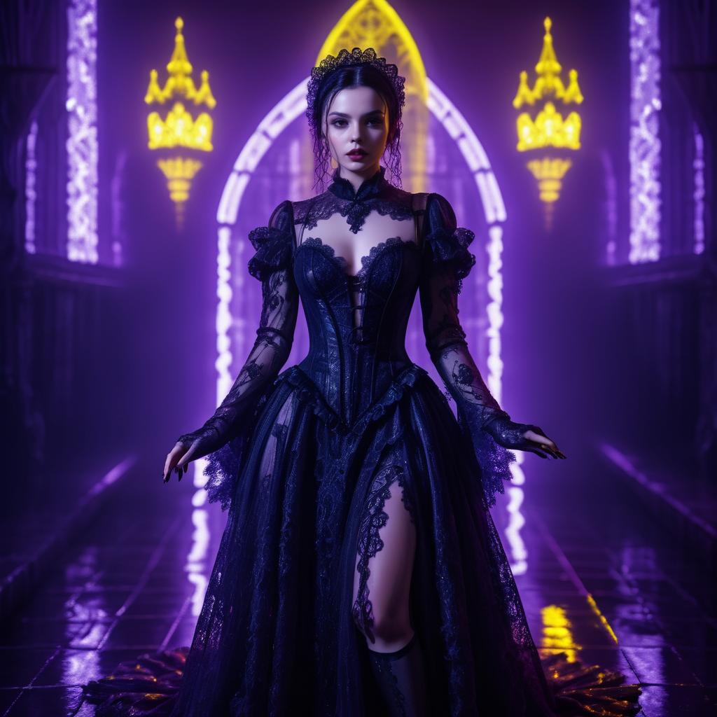 Cinematic Gothic Lace Dress in Neon Lights