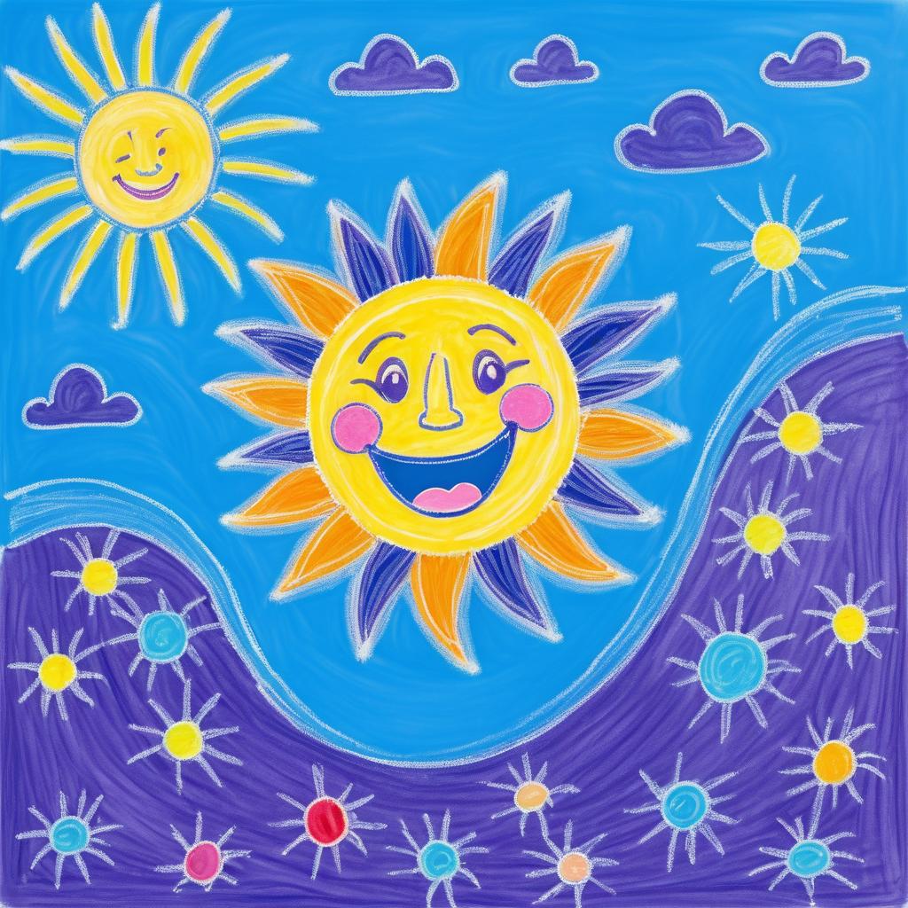 Cheerful Crayon Sun in Blue Sky