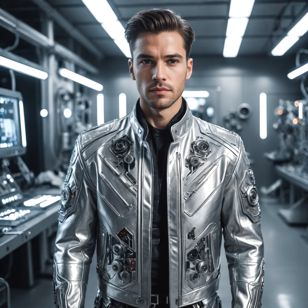 Futuristic Cyborg in Silver Leather Jacket