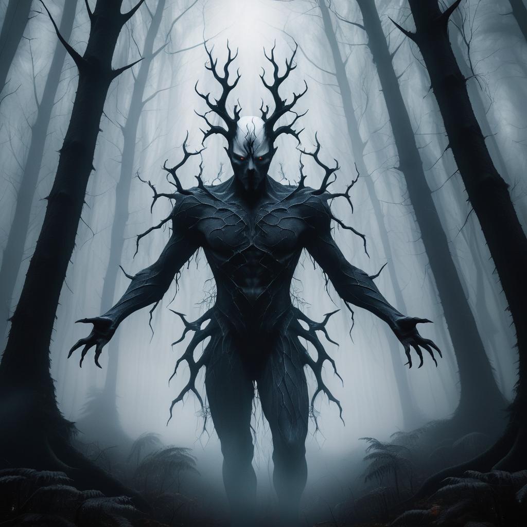 Grotesque Entity in Foggy Forest