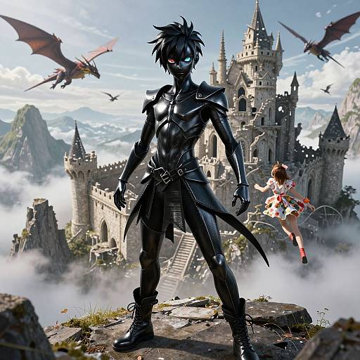 Energetic Black Metal Boy Amid Aerial Dragonfight