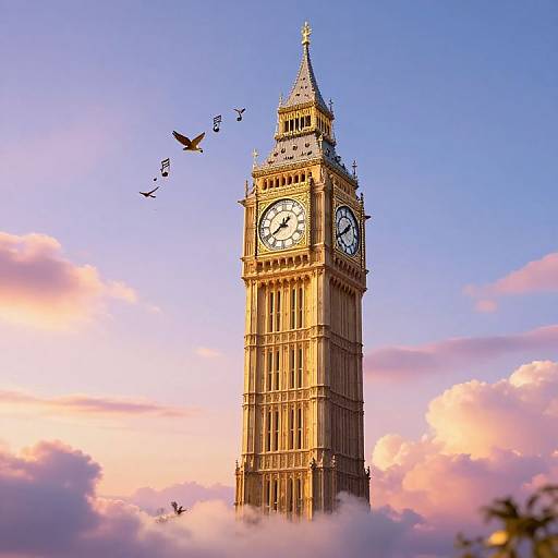 Photograph of Big Ben clock tower with golden sunlight, surrounded by pink and orange clouds, and five birds flying nearby.