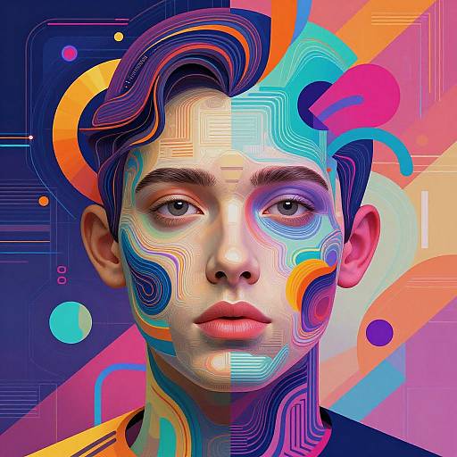Digital artwork of a young person with multicolored, wavy patterns on their face and dark hair, set against a vibrant, geometric background. Bright