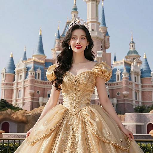 Photograph of an Asian woman with long black hair, wearing a gold, intricately embroidered ball gown and silver tiara, smiling in front of a