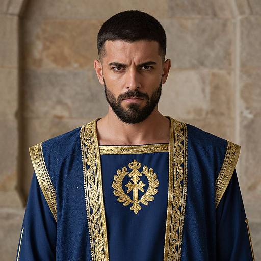 Photograph of a serious, bearded Middle Eastern man with short black hair wearing an ornate blue robe with gold embroidery, standing against a stone wall