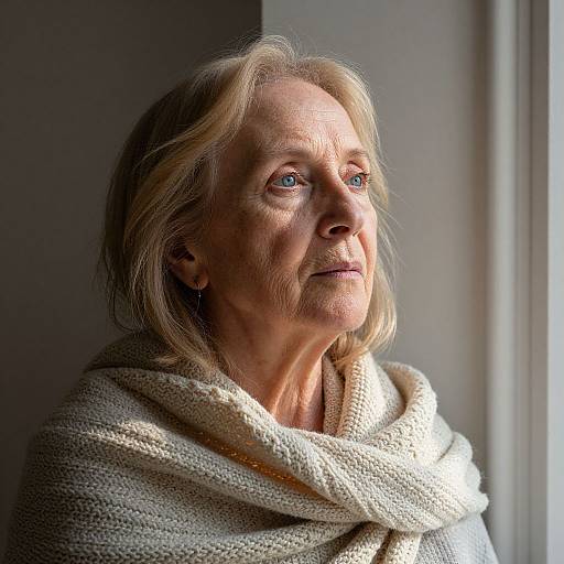 Photograph of an elderly woman with blonde hair, fair skin, and blue eyes, wrapped in a beige knitted scarf, gazing thoughtfully at