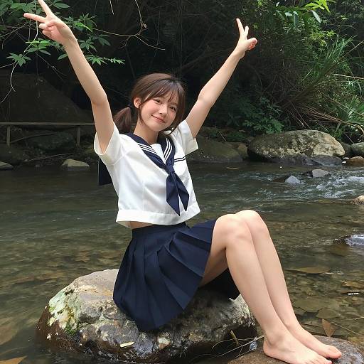 Peaceful Asian Girl by the River