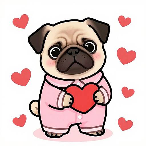 Cute digital illustration of a pug in pink pajamas holding a red heart, surrounded by floating pink hearts.
