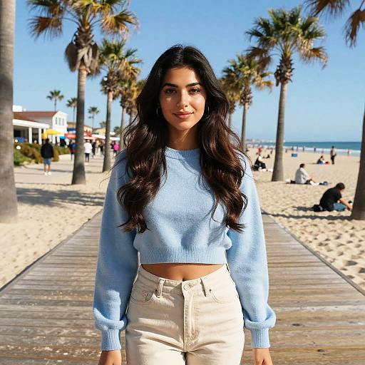 Photograph of a young woman with long dark hair, wearing a light blue sweater and beige high-waisted pants, standing on a wooden boardwalk