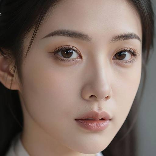Close-up photograph of an East Asian woman with fair skin, dark hair, and brown eyes, softly lit with a neutral expression.
