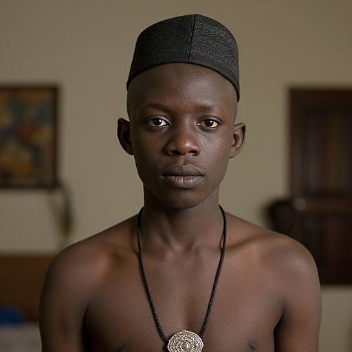 Photograph of a young, shirtless Black boy with dark skin, wearing a black cap and necklace with a silver pendant, gazing directly at the