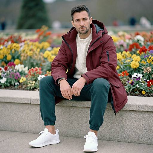 Photograph of a bearded man with short dark hair, wearing a maroon coat, white sweater, black pants, and white sneakers, sitting on