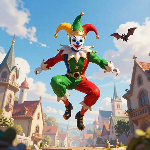 CGI image of a smiling clown in a green, red, and yellow jester costume jumping mid-air over a medieval fantasy town, with a bat