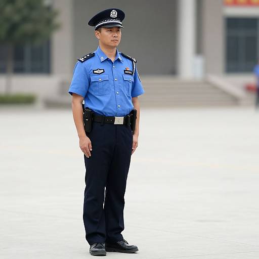 Photograph of a young male police officer standing outdoors, wearing a blue shirt, black pants, and cap, with a serious expression. Blurred building