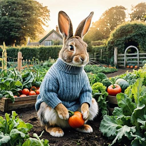 Rabbit in Sweater Holding Pumpkin in Vegetable Garden