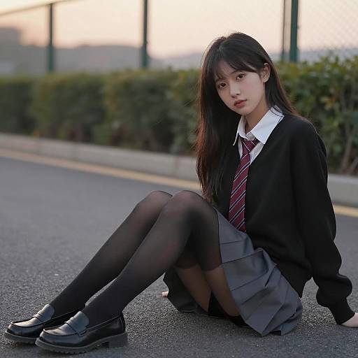 Serene Asian Schoolgirl at Sunset