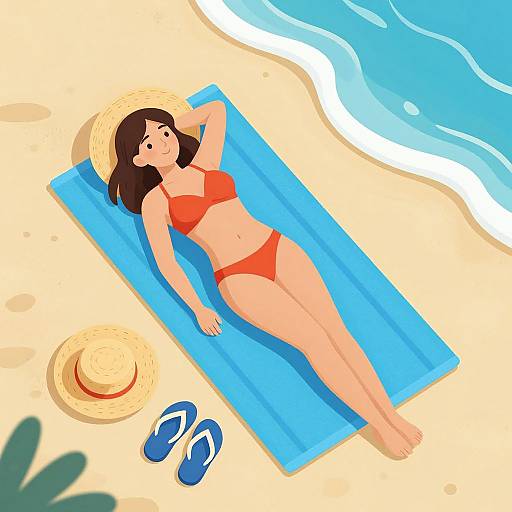 Digital illustration of a brown-haired woman in an orange bikini, lying on a blue beach towel, near the water's edge with a straw hat and blue