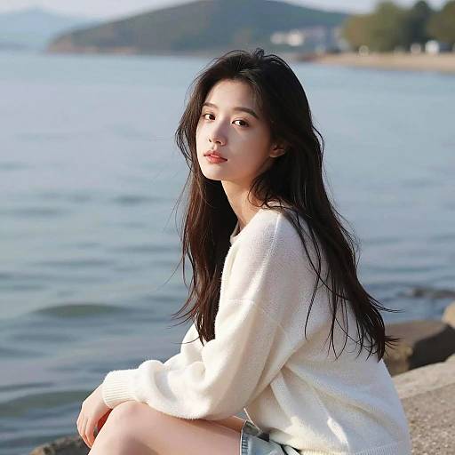 Young woman sitting by the shoreline