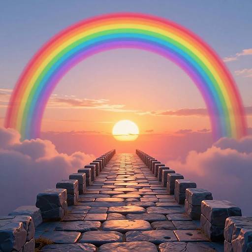 Photograph of a stone pathway leading to a radiant sunset, with a vibrant rainbow arching over fluffy clouds in the sky.