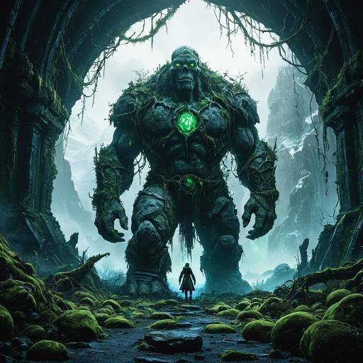 Colossal Moss-Covered Stone Golem in Frozen Wasteland