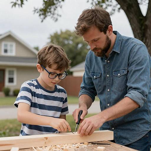 Father and Son Wood Carving Outdoors