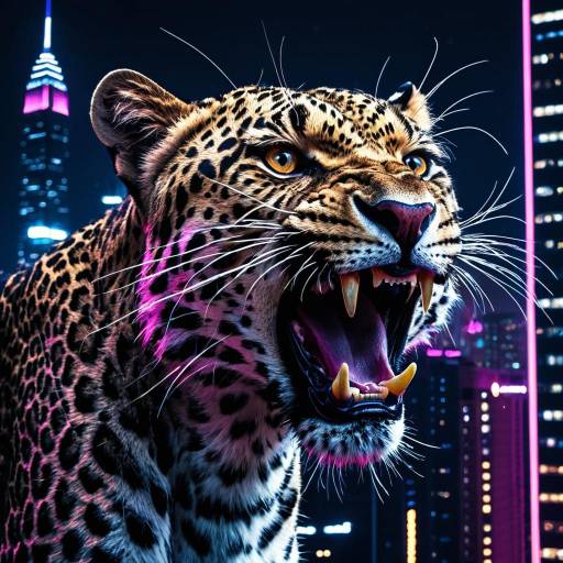 Angry Leopard Growling at Cyberpunk City Night