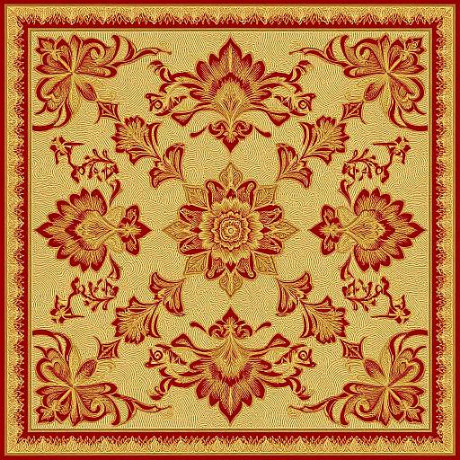 Ornate red floral pattern on yellow background, symmetrical design with floral motifs in each corner, intricate detailing, bordered by red lines. Digital art