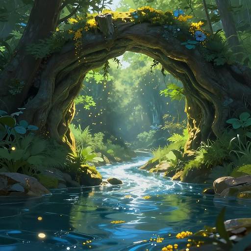 Digital painting of a sunlit forest arch over a sparkling blue stream, surrounded by lush greenery, glowing fireflies, and vibrant flowers.
