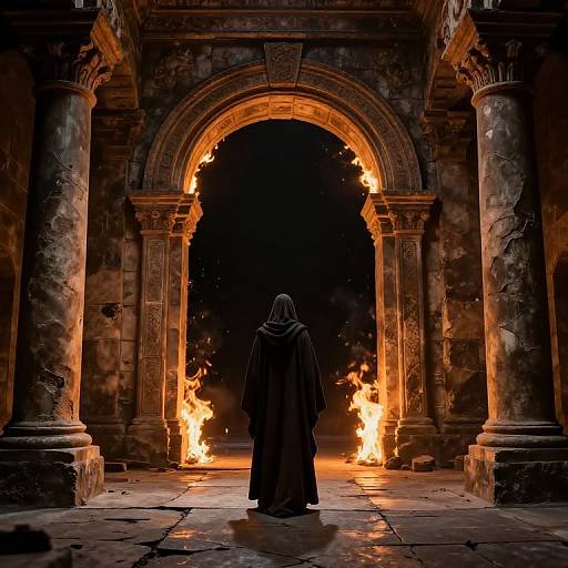 Photograph of a hooded figure standing in a dark, fiery stone archway with flames illuminating the ancient, weathered structure.