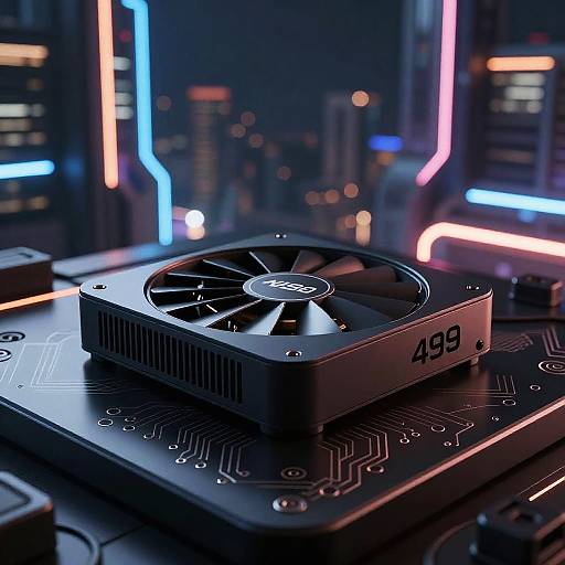 Futuristic Tech Device with Neon Cityscape