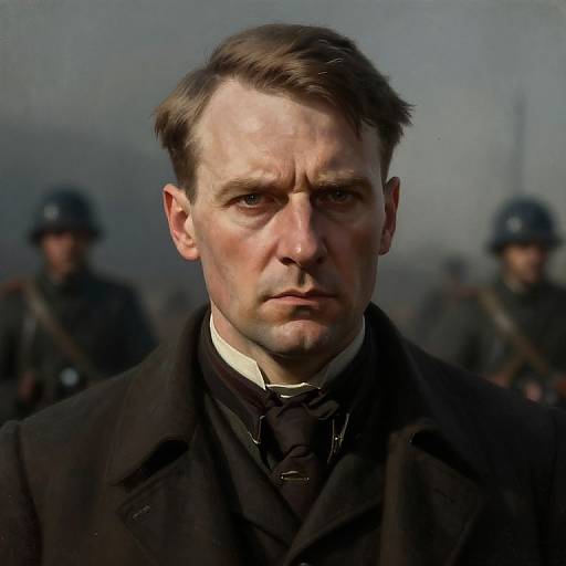 Photograph-like CGI of serious, middle-aged white man with short brown hair in dark 19th-century military attire, blurred soldiers in background.