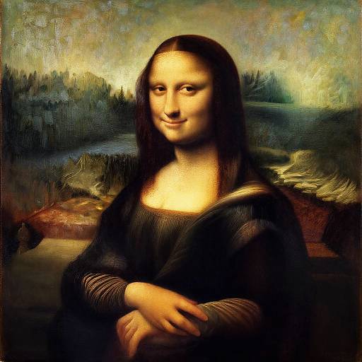 Photographic-style digital rendering of Leonardo da Vinci's Mona Lisa, featuring a subtle smile and enigmatic gaze, dark clothing, and a lush, green