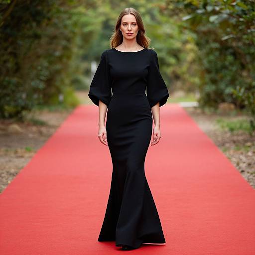Woman in Black Dress on Red Walkway
