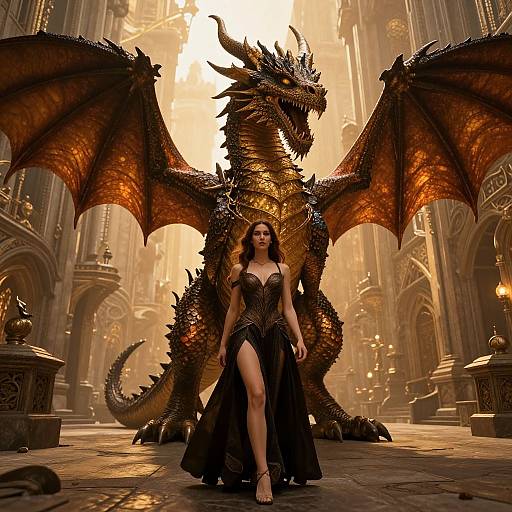 Digital artwork of a dark-haired woman in a black, strapless gown standing confidently in front of a large, golden dragon with fiery eyes and outst