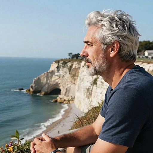 Silver-Haired Man Contemplating Seaside Cliff