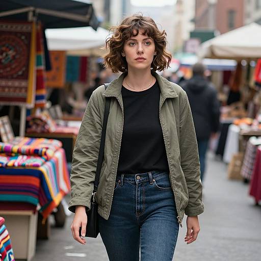 Photograph of a curly-haired woman in a green jacket and black shirt walking through a vibrant outdoor market with colorful textiles and blurred stalls in the background.