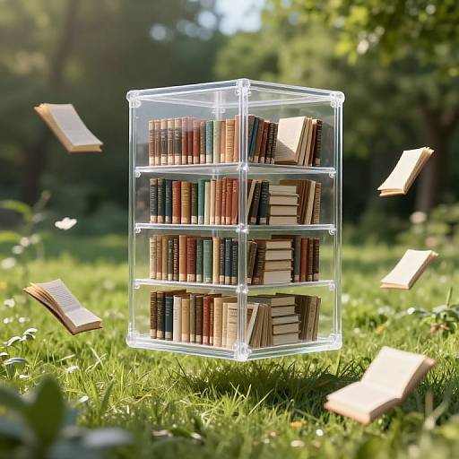 Photograph of a transparent, floating bookshelf in a sunlit, grassy forest with books and pages floating around it.