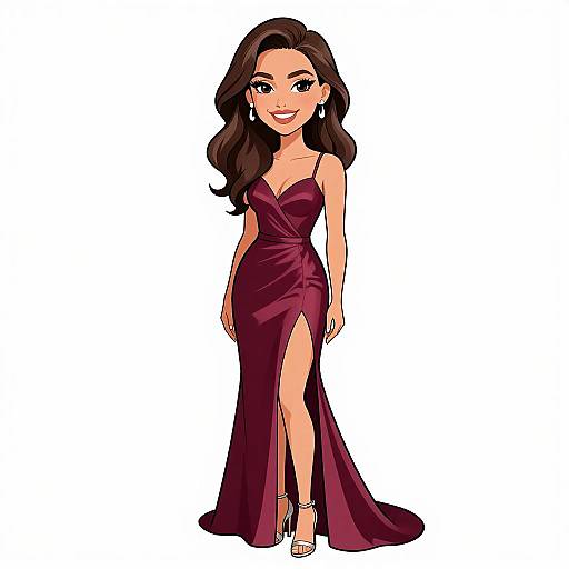 Digital cartoon of a smiling woman with long dark hair, wearing a deep burgundy, strapless, high-slitted evening gown and white heels.